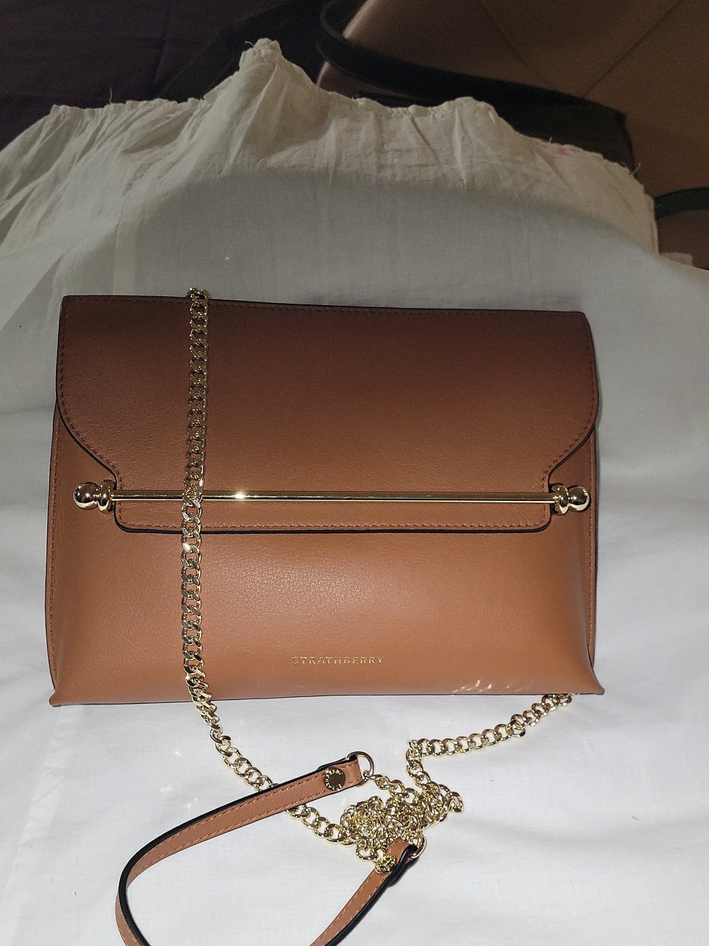Strathberry Tan Crossbody Bag with Gold Bar and Chain